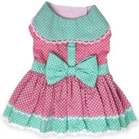 Polka Dot and Lace Dog Dress Set with Leash - Pink and Teal (Option: X-Small)